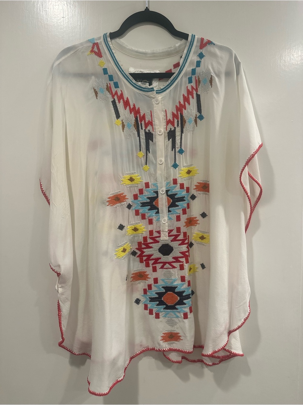 White Embroidered Boho Women’s Tunic Top with Multicolor Geometric Stitching